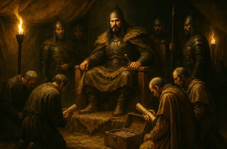 Hun hükümdarı Attila’nın çadırında tahtta otururken Bizans elçilerinin önüne altın dolu sandık ve parşömenler sunduğu diplomatik sahne.